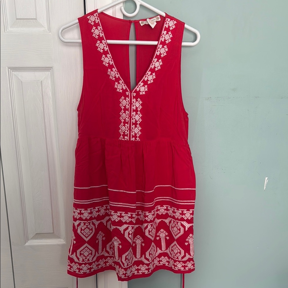 Red Sleeveless Dress with White Embroidery